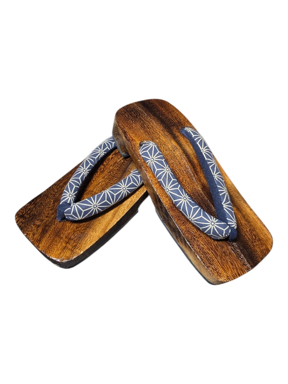 Authentic Japanese Geta Wooden Sandals Blue White Asanoha Hemp Leaf Print M / 7